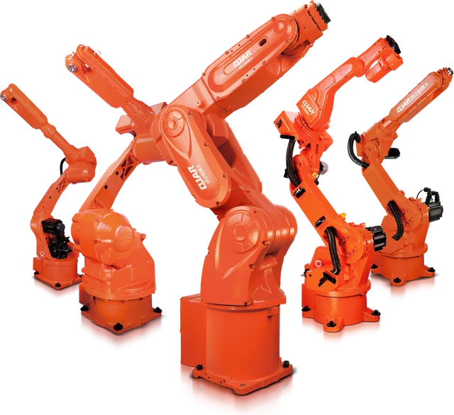 Articulated industrial robots of several sizes, side by side